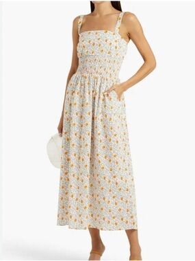 Smocked Square-Neck Floral Midi Dress - White with Yellow Print